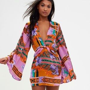 Lilac Satin Scarf Print Kimono Sleeve Plunge Shift Dress